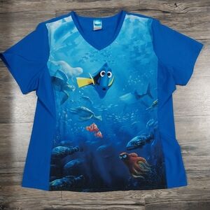 Disney Pixar Finding Nemo Womens Scrub Top Size XL Blue Dory Cherokee Scrub Top